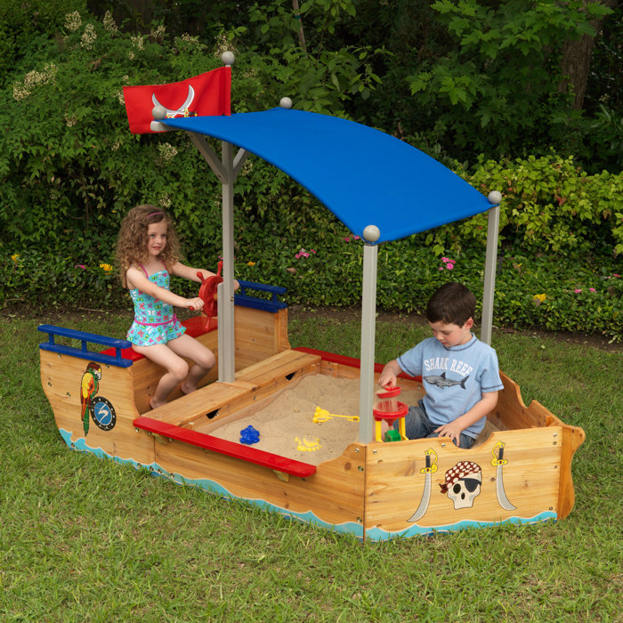 KidKraft Wooden Pirate Sandbox with Canopy, Covered Kid's Sandbox, Blue